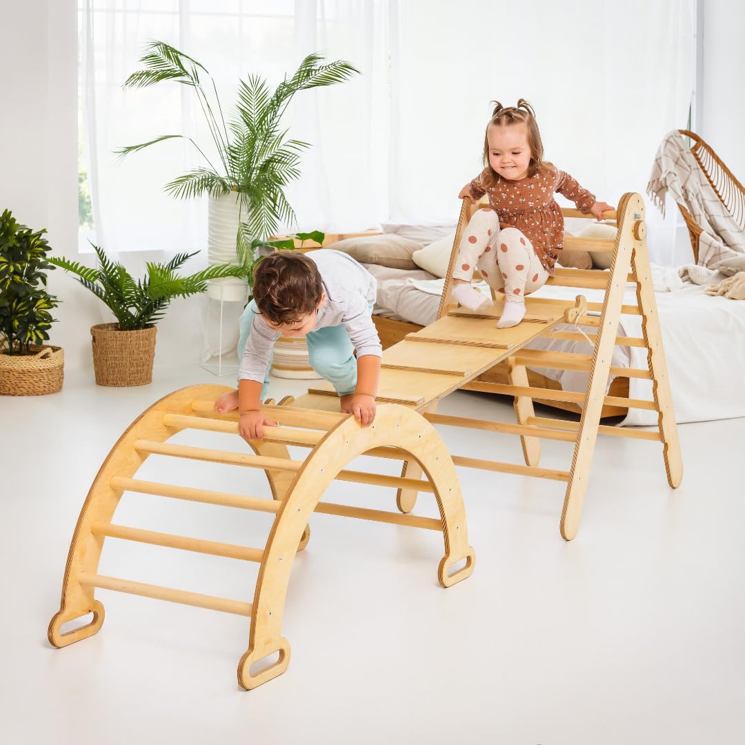 Goodevas 3in1 Montessori Klettergerüst Set: Indoor Kletterdreieck mit Rutsche, Kletterbogen für Kinder 1-7 Jahre (XL-Größe)